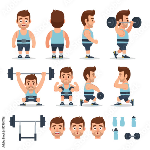 Fitness Man Character Set: Exercise Poses, Lifting Weights, Gym Equipment, and Icons