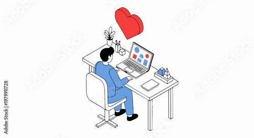 Isometric Man Working on Laptop at Desk with Red Heart, Passionate Creative Professional and Job Satisfaction Concept Illustration
