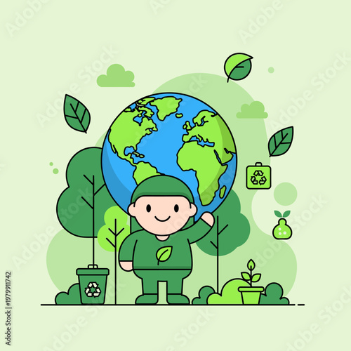 A cute cartoon character in green holding the Earth globe, surrounded by trees, leaves, and recycling symbols, representing environmental protection.