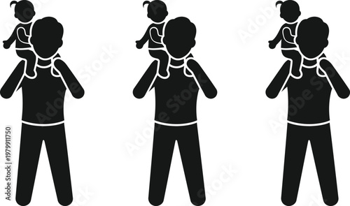 Three fathers carrying children on shoulders silhouette icon set