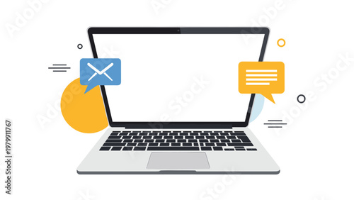 Modern laptop with message and email icons hovering above, symbolizing digital communication, online interaction, and business technology.