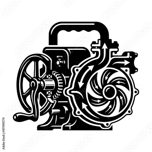Black and White Cutaway Hand Crank Water Pump with Flow Arrows Vector Icon
