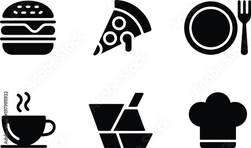 Collection of black food icons featuring a hamburger slice of pizza utensils coffee and chef hat