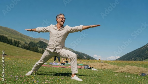 Uomo maturo sorridente fa yoga all'aperto in un prato di montagna