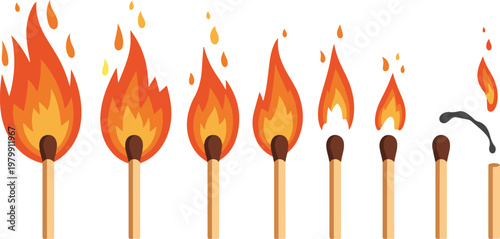 Sequence of burning matches showing different stages of fire from intense flame to small spark and finally extinguishing smoke.