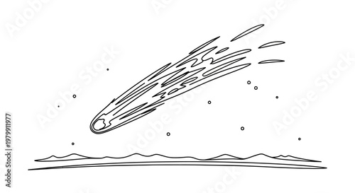 Comet Streaking Across Night Sky Over Horizon