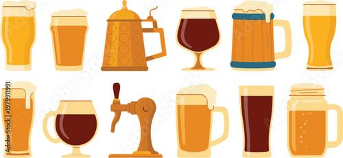 Craft beer glass types set featuring pilsner mugs lager pints and stout ale glasses with golden liquid foam and wooden handles.