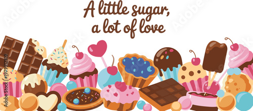 Sweet desserts and treats border with cupcake, candy, and chocolate, bakery products, confectionery elements illustration.