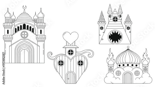 Collection of unique outline illustrations of fantasy castles, including a heart-shaped one and a monster-like design, inspiring creativity and wonder.