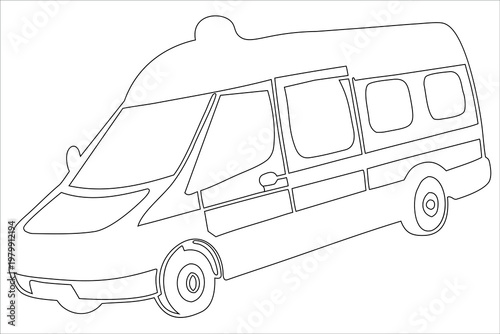 A line drawing of a passenger minibus or shuttle bus from a side perspective