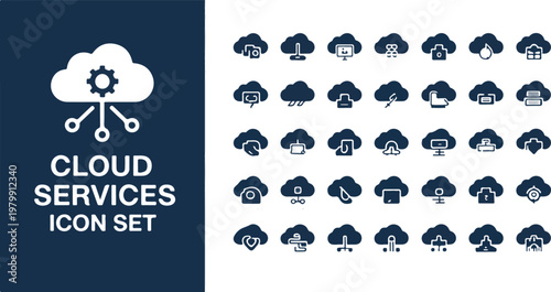 Cloud services icon set showing various computing metaphors with storage networking security and data management silhouettes inside.