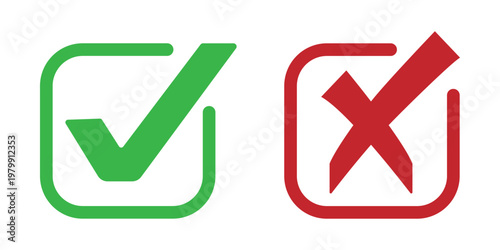 Check mark icon button set. Check box icon with right and wrong buttons and yes or no checkmark icons in green tick box and red cross. Green checkmark and red x sign. Symbols of approval and Decline.