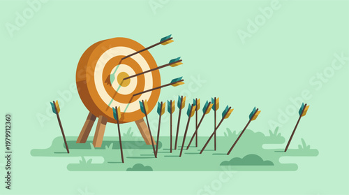 Flat design illustration of an archery target with many arrows, most missing