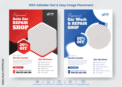 car workshop A4 flyer poster template with minimal clean design, bold promotional typography, vehicle maintenance service branding, garage advertisement layout, and fully editable print template