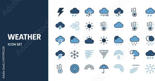 Weather forecast icon set, includes thunderstorm, rain, cloudy, sunny, wind, snow, thermometer, rainbow, umbrella.