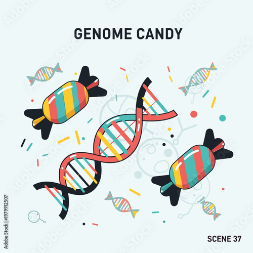 A colorful illustration depicting DNA strands stylized as candies, with wrapped sweets and sprinkles, labeled "Genome Candy".