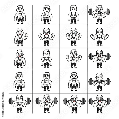 Pixel Art Bodybuilder Emote Icons: Happy, Angry, Sad, Excited, Lifting Weights