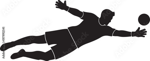 Black silhouette of a soccer goalkeeper diving to catch a ball