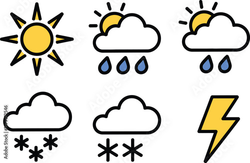 Set of weather icons featuring symbols for sun rain clouds snow and lightning for forecast apps