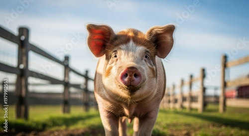 A pig in a fenced area with a blue sky in the background.