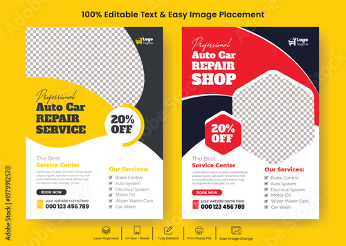 garage service flyer poster template design with modern minimal layout, auto repair branding, mechanic tools concept, editable A4 format and professional print ready promotional marketing design