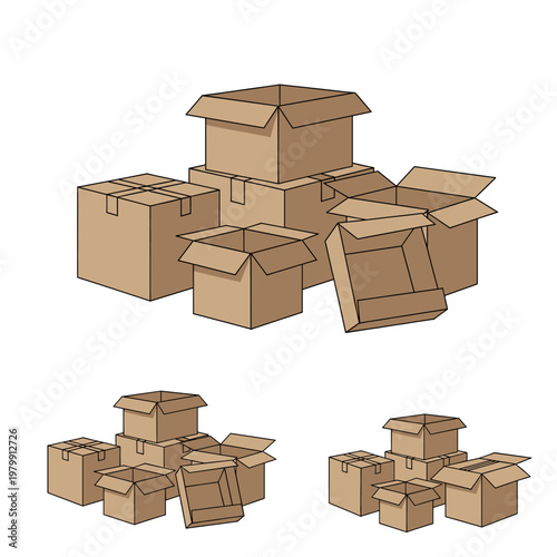 A collection of various open and closed brown cardboard boxes stacked in different arrangements.