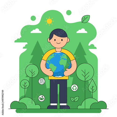 A young boy embracing and protecting the Earth, surrounded by green nature and environmental symbols, illustrating global care and sustainability.