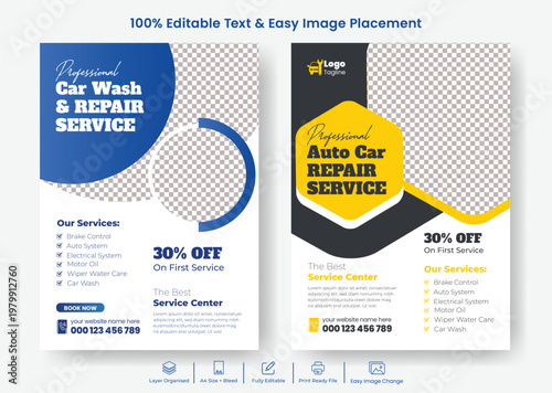Professional car wash and repair service flyer with offer and contact information for automotive workshop, auto detailing and vehicle maintenance, modern flyer template design with editable text