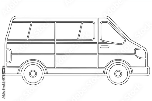 Line drawing of a side view minivan with sliding door and wheels