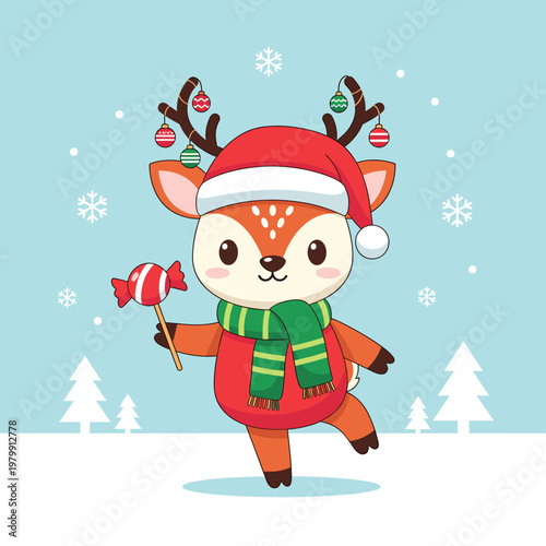 Cute cartoon reindeer wearing a Santa hat and scarf, holding a lollipop in a snowy winter wonderland with snowflakes and trees.