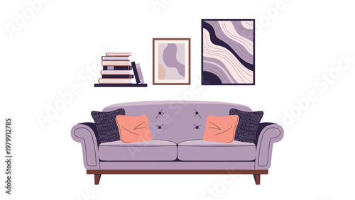 Cozy purple tufted sofa adorned with vibrant orange and dark gray pillows, positioned beneath a floating shelf holding books and two abstract framed artworks.