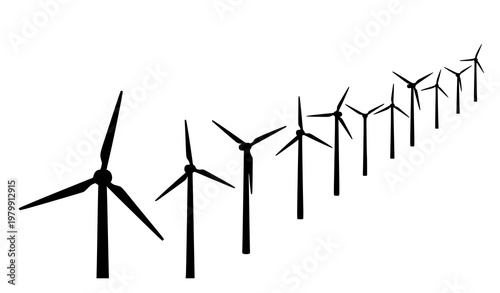 Stylized wind turbine silhouettes in perspective layout for sustainable energy and green power concept isolated vector