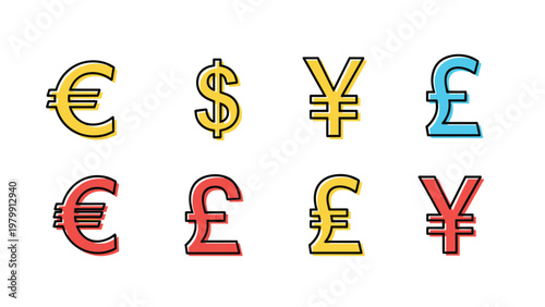 Assortment of eight globally recognized currency symbols, including Euro, Dollar, Yen, and Pound Sterling, presented in diverse vibrant colors with distinct outlines.