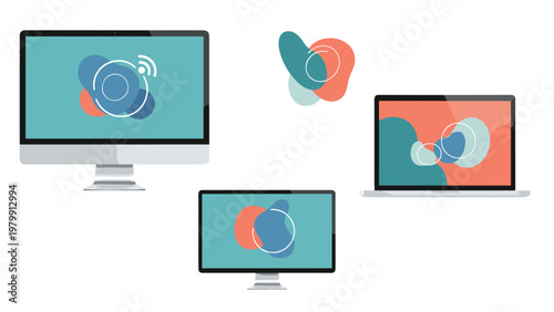 Modern desktop monitor, a sleek laptop, and a horizontal monitor, all displaying abstract digital patterns, complemented by standalone abstract colorful shapes.