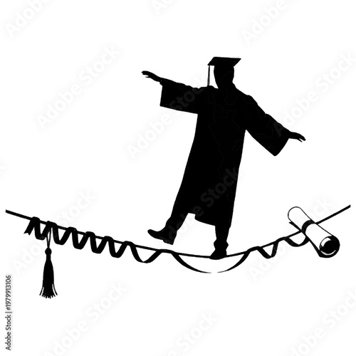 Graduate balancing on diploma ribbon tightrope isolated on transparent background