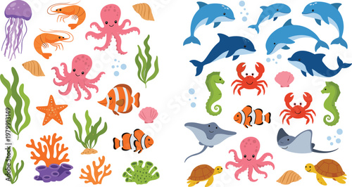 Colorful Underwater Sea Creatures Vector Illustration Set with Fish, Dolphin, Octopus, Crab, Turtle, Jellyfish, and Coral, Marine Life Collection