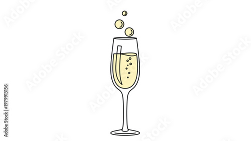 Elegant champagne flute filled with effervescent liquid and rising bubbles, depicted in a minimalist line art style with a soft yellow color fill.
