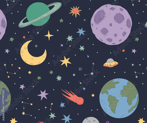 Deep space seamless pattern with colorful planets earth saturn moon stars and ufo spacecraft on dark blue galactic background set.