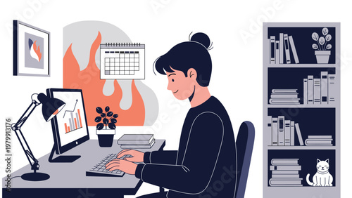 Person diligently working on a desktop computer at a tidy desk, surrounded by books, a small potted plant, a calendar, and abstract background shapes.