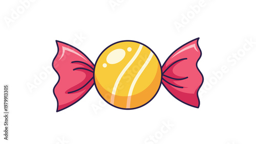 Sweet and simple wrapped candy illustration, featuring a cheerful yellow center with delicate white stripes, elegantly enclosed in vibrant pink, ruffled wrappers.