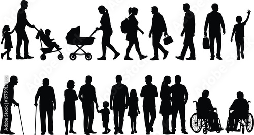 people silhouettes, family life stages, walking figures, crowd diversity, children adults seniors, parenting, stroller, wheelchair, human collection, black