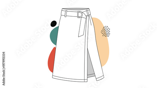 Stylish line drawing of a fashionable wrap skirt featuring a detailed belt, elegantly presented against a backdrop of abstract, softly colored organic shapes.