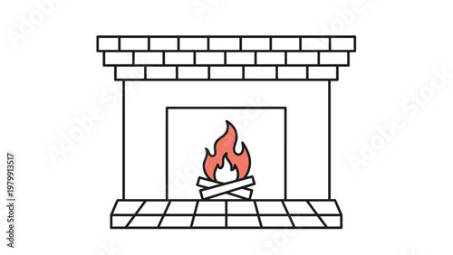 Cozy and inviting simple line drawing of a traditional brick fireplace, complete with glowing logs and warm, flickering flames within.