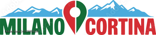 Milano cortina winter olympic games logo with mountains and location pin in italian flag colors.