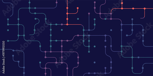 Abstract geometric pattern with lines and dots creating network connections technology or metro map on dark background.