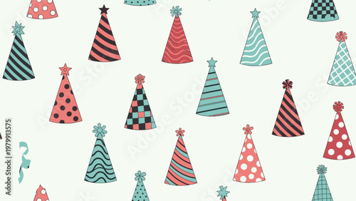 Delightful seamless pattern adorned with a multitude of festive party hats in soft pastel colors, showcasing a diverse range of patterns like stripes, polka dots, checkerboard, waves, and flowers.