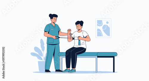 Physical therapist assisting patient with resistance band exercise for arm rehabilitation