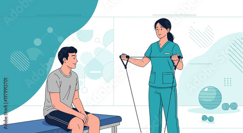 Physical therapist assisting patient with resistance band exercise for rehabilitation