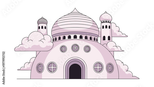 Enchanting and whimsical mosque-like building featuring elegant domes and towering turrets, gracefully enveloped by soft, pastel purple clouds, creating a magical aesthetic.