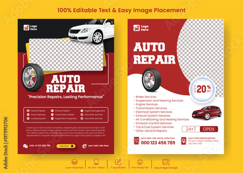 Professional car wash and repair service flyer poster with offer for automotive workshop, auto detailing and vehicle maintenance, modern flyer template design with editable text